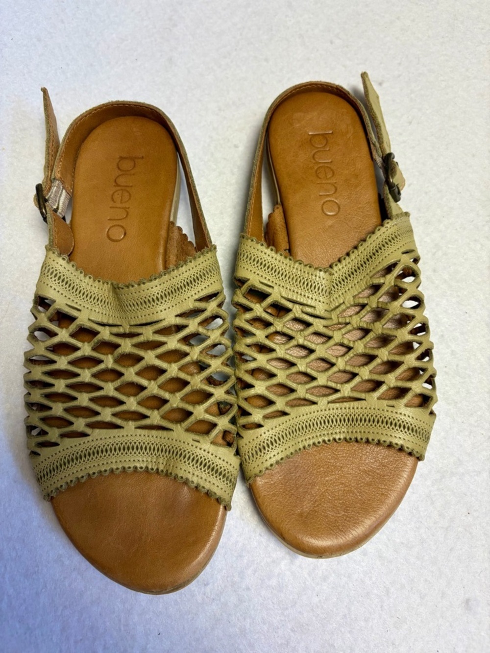 Bueno Olive-Tan Caged Leather Flat Sandals Size 37 EU or 6-6.5 US